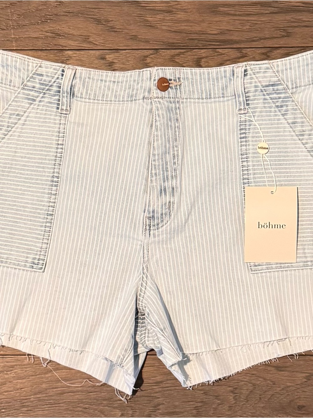 KanCan Light Blue & White Striped High-Waist Jean Shorts